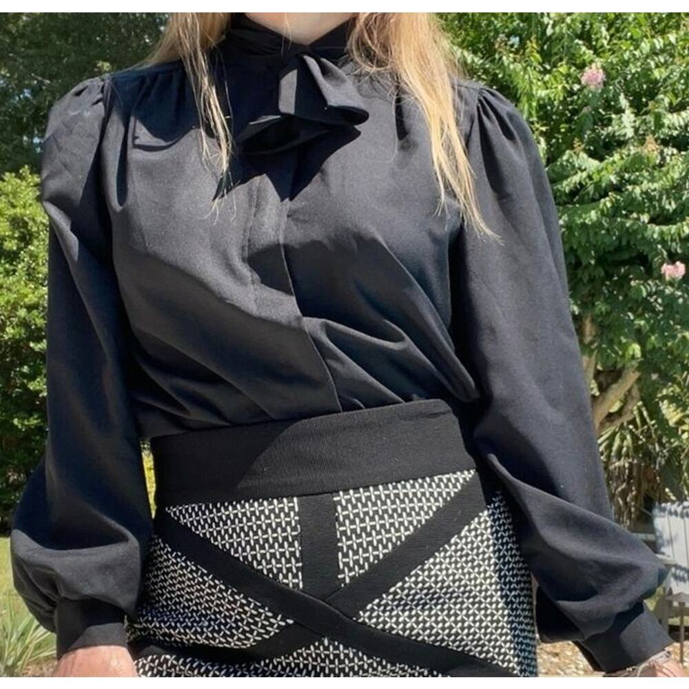 Vintage Judy Bond Black Neck Bow Blouse